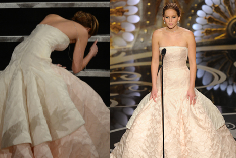 Premios Óscar 2013: Jennifer Lawrence tropezó al momento de subir a recibir su premio - VIDEO