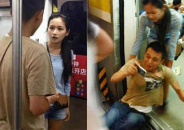 Arrastra a su novio por el metro por no dejar su celular (FOTOS)