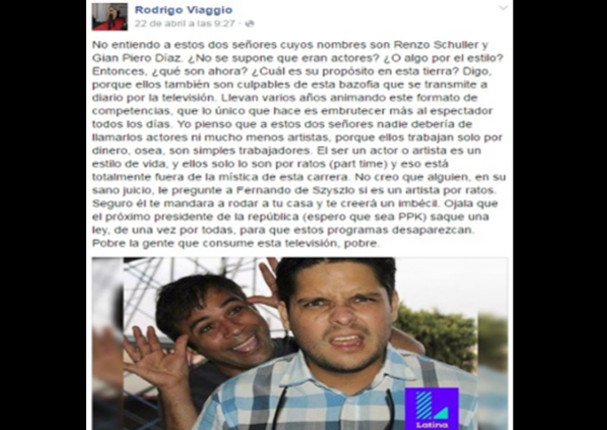 Facebook: Conocido actor lanza fuerte crítica contra Gian Piero Díaz y Renzo Schuller