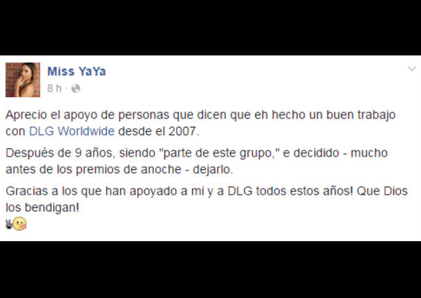 Facebook: 'Miss Ya Ya' anuncia su salida del grupo DLG (FOTO)