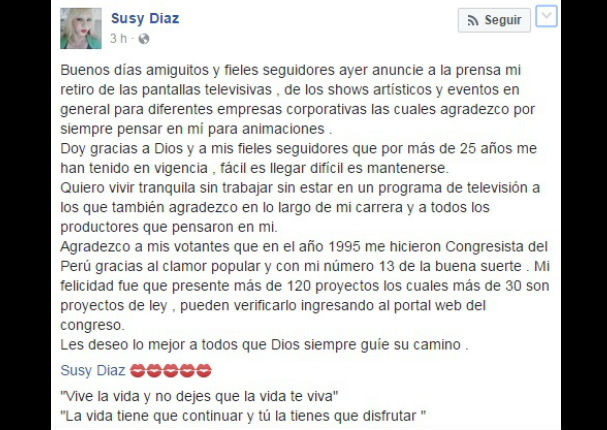 Susy Díaz anuncia triste noticia en Facebook sobre su vida