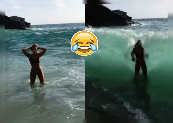 Sexy mujer posa en bikini sin imaginar que el mar le jugaría una mala pasada