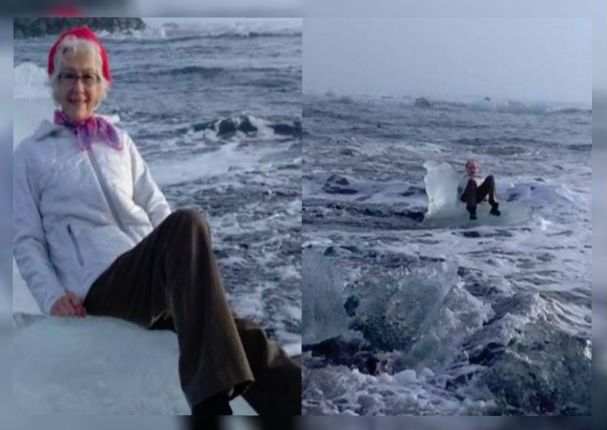 Anciana se sienta sobre un iceberg para tomarse un selfie pero las olas la arrastran