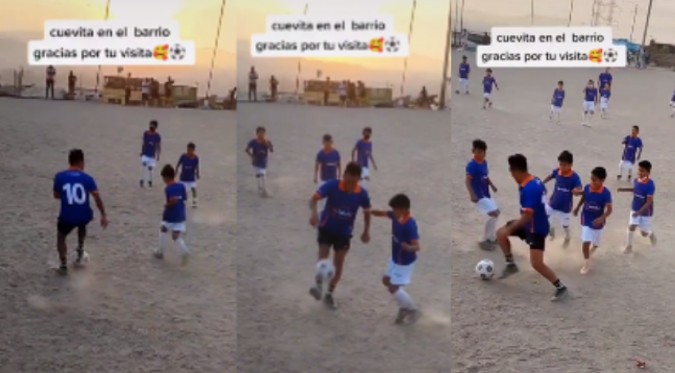'Cuevita' juega 'pichanga' con niños en cancha de tierra | VIDEO