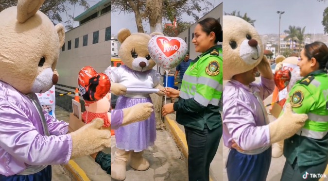 ¡Locura de amor!: Joven se disfraza de osito y sorprende a su pareja policía en comisaría | VIDEO