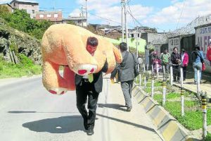Cargó peluche gigante y caminó 7 kilómetros para sorprender a su novia