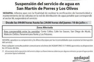 Sedapal anunció corte de agua en dos distritos este jueves