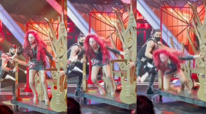 Monique Pardo sufre caída en presentación del “Artista del Año” | VIDEO