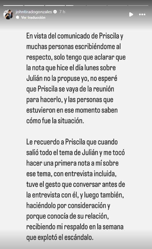 John Tirado sobre Priscila Mateo