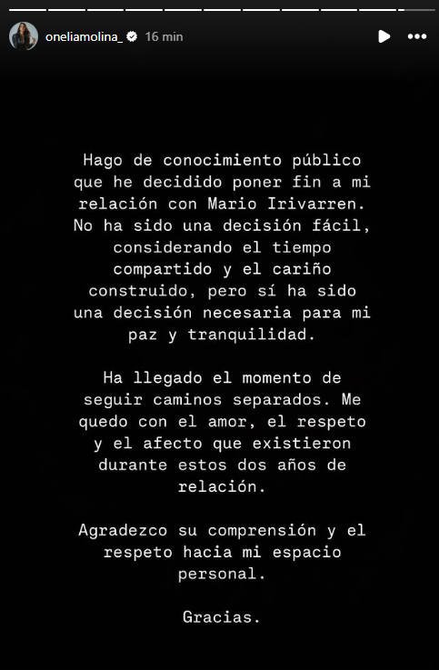 Onelia Molina anuncia ruptura con Mario Irivarren
